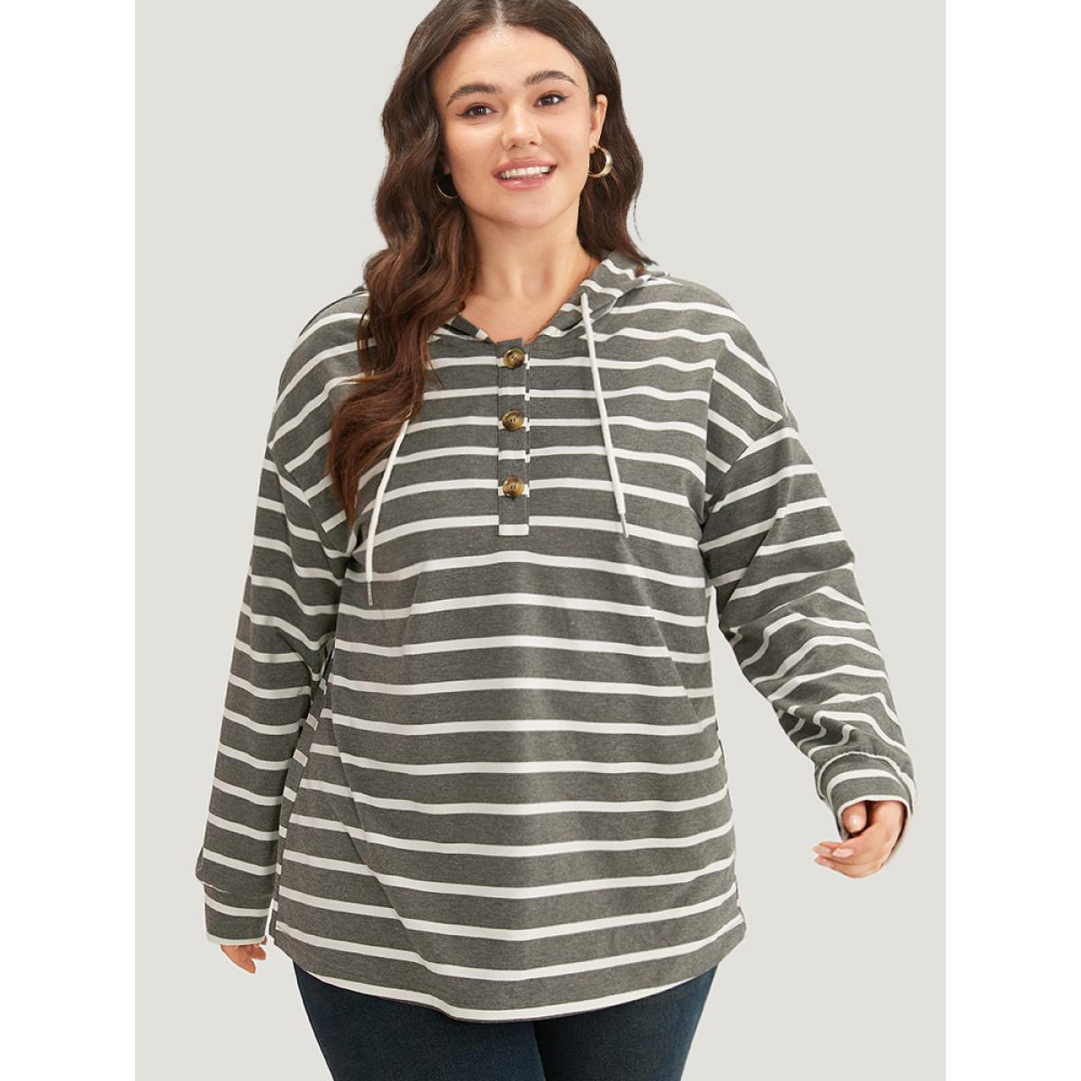 Plus Size Striped Button Up Hooded Sweatshirt Women Gray Casual Button Hooded Dailywear Sweatshirts BloomChic 18-20/2X Product Image