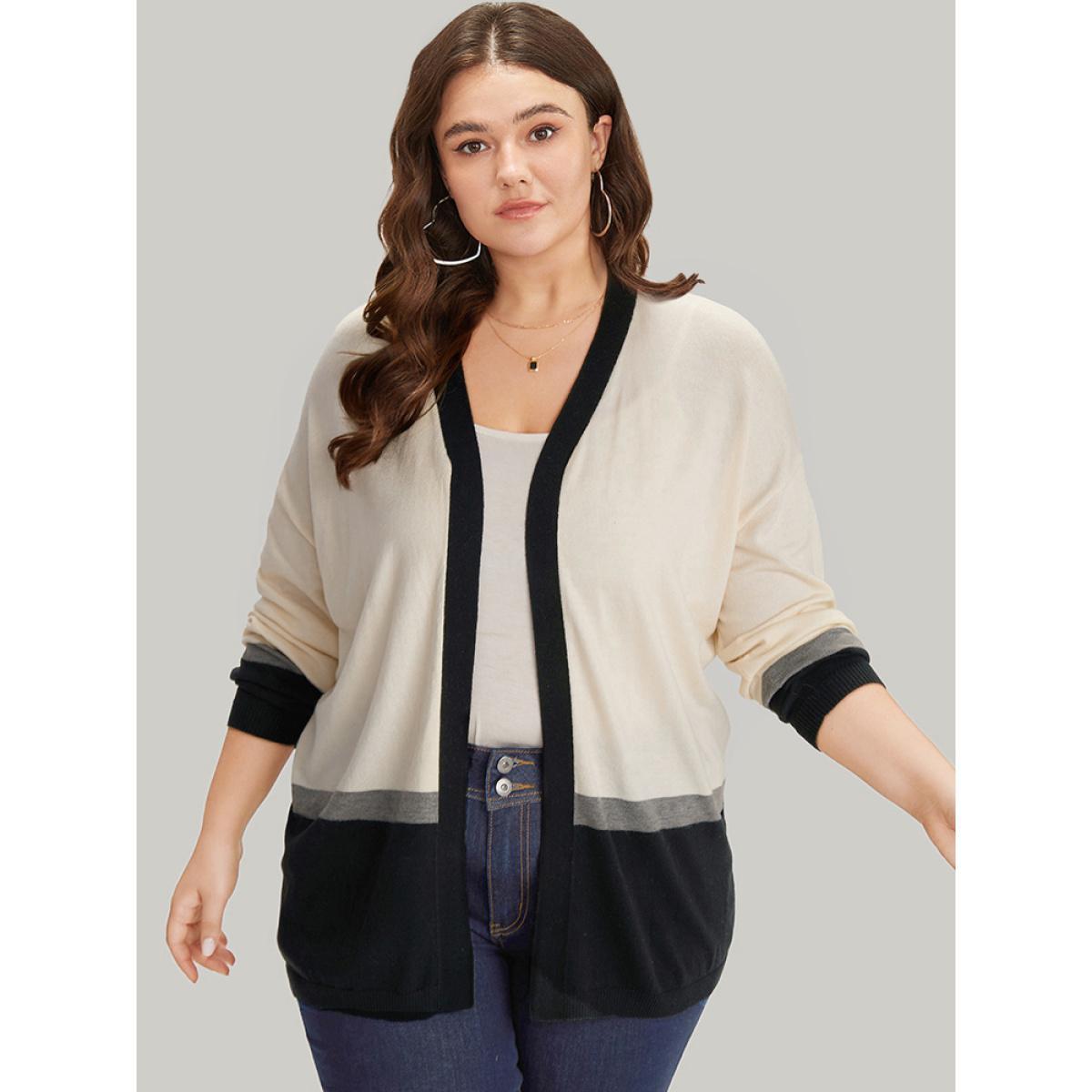 Plus Size Supersoft Essentials Colorblock Contrast Elastic Cuffs Cardigan Apricot Women Casual Loose Long Sleeve Work Cardigans BloomChic 10/M Product Image