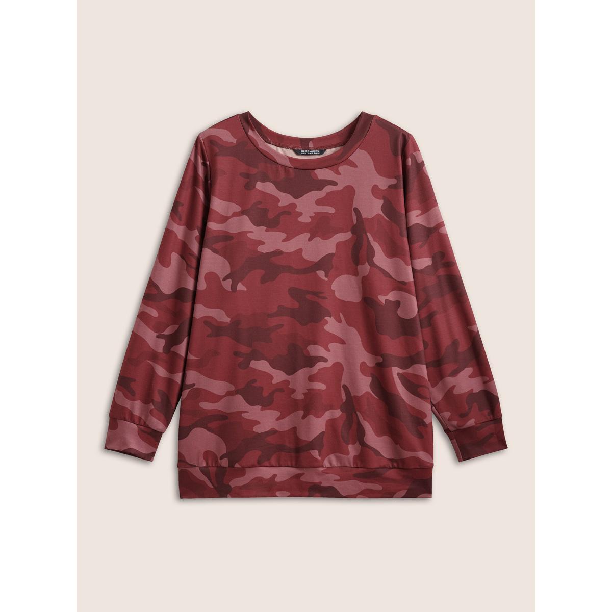 Plus Size Camo Print Crew Neck Sweatshirt Women Russet Casual Contrast Round Neck Everyday Sweatshirts BloomChic 22-24/3X Product Image