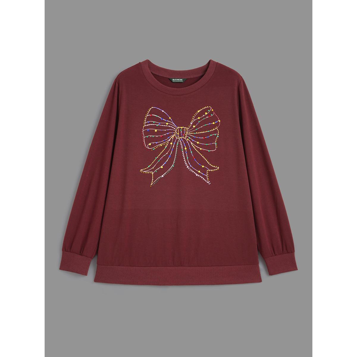 Plus Size Rhinestone Embellished Bow Straight-Fit Sweatshirt Women Deepred Casual Rhinestone detailing Round Neck Everyday Sweatshirts BloomChic 22-24/3X Product Image