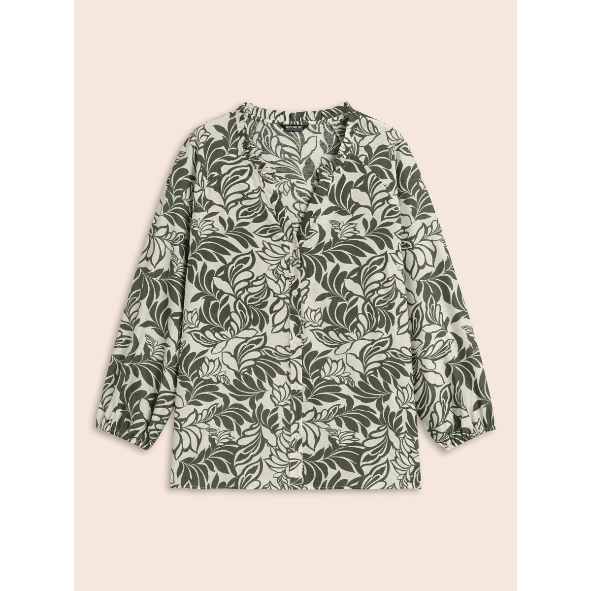 Plus Size ArmyGreen Silhouette Floral Print Ruffle Trim Blouse Women Elegant Long Sleeve Notched collar Everyday Blouses BloomChic 14-16/1X Product Image