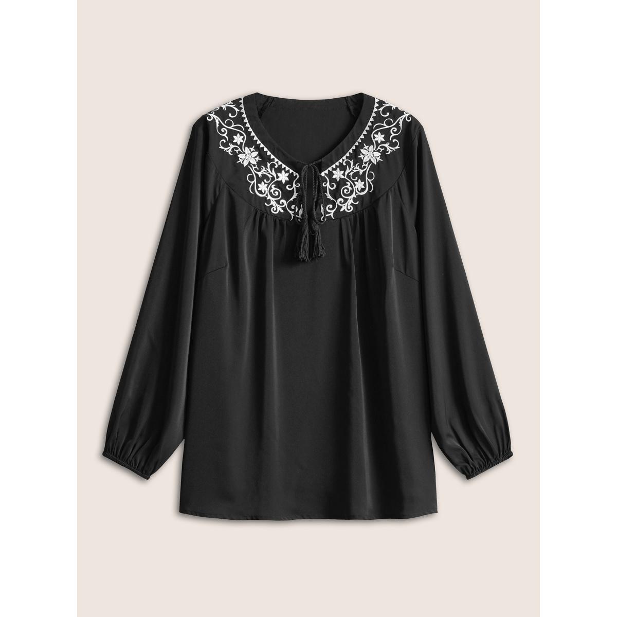 Plus Size Black Boho Print Tie Neck Tassels Lantern Sleeve Blouse Women Casual Long Sleeve Tie Neck Vacation Blouses BloomChic 18-20/2X Product Image