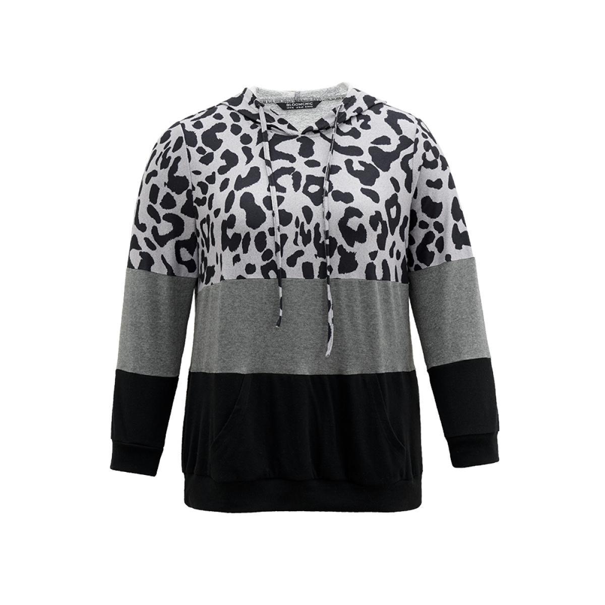 Plus Size Leopard Colorblock Contrast Hooded Drawstring Sweatshirt Women Black Casual Contrast Hooded Dailywear Sweatshirts BloomChic 30/6X Product Image