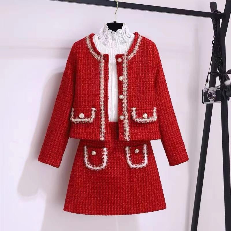 Puff-Sleeve High Neck Blouse / Tweed Faux Pearl Button-Up Jacket / High Waist Mini A-Line Skirt / Set Product Image