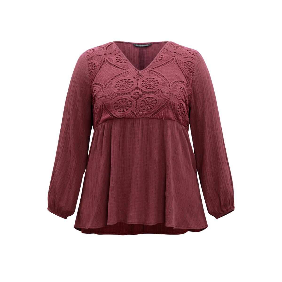 Plus Size Burgundy Solid Crochet Lace Button Detail Blouse Women Elegant Long Sleeve V-neck Dailywear Blouses BloomChic 28/5X Product Image