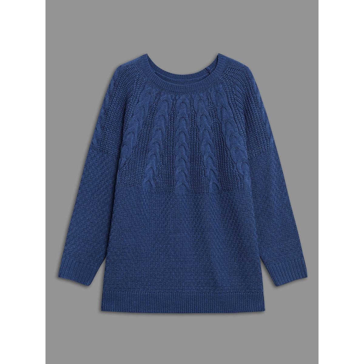 Plus Size Cable Knit Raglan Sleeve Round Neck Pullover Cerulean Women Casual Loose Long Sleeve Round Neck Everyday Pullovers BloomChic 12/L Product Image