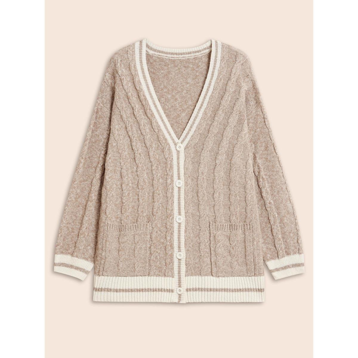 Plus Size Contrast Trim Cable Knit Pocket Cardigan Champagne Women Casual Loose Long Sleeve Everyday Cardigans BloomChic 18-20/2X Product Image