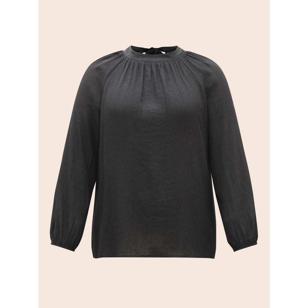 Plus Size Black Textured Ribbon Collar Blouse Women At the Office Long Sleeve Ribbon-tied collar Work Blouses BloomChic 14-16/1X Product Image