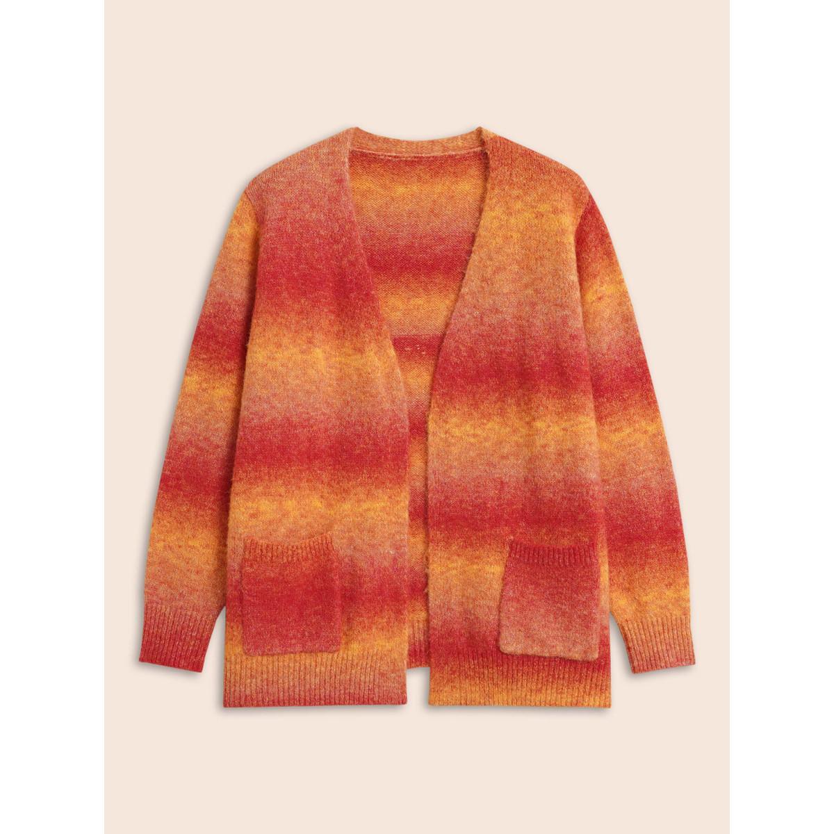 Plus Size Ombre Contrast Patch Pocket Cardigan Brightorange Women Casual Loose Long Sleeve Everyday Cardigans BloomChic 26/4X Product Image