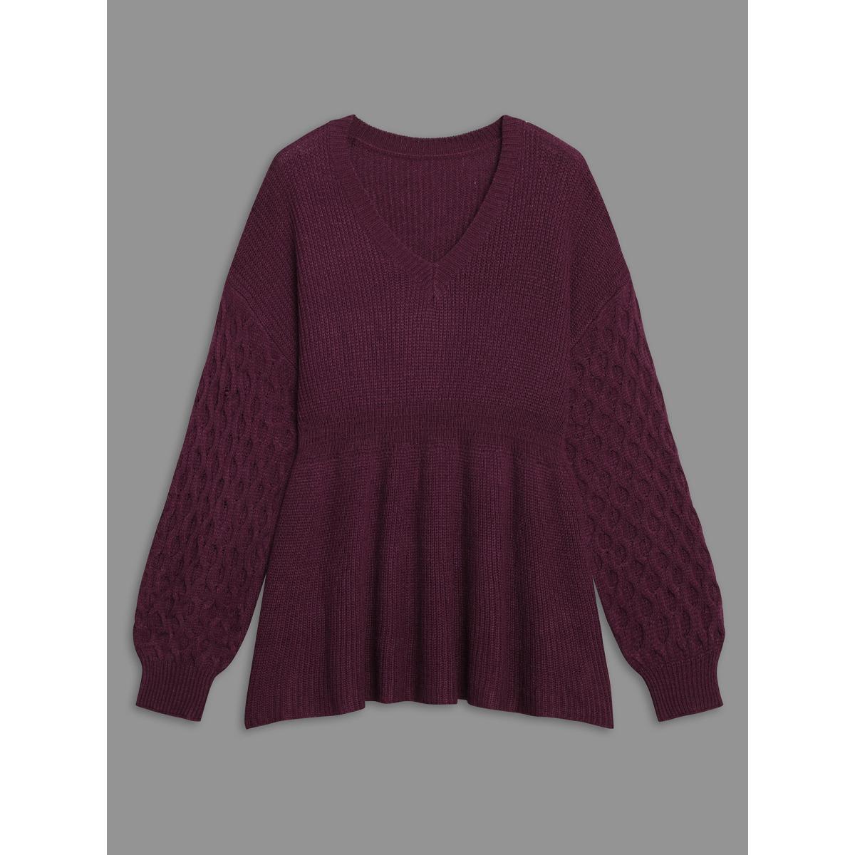 Plus Size Plain Ribbed Knit Waist Cinched Pullover Burgundy Women Elegant Bodycon Long Sleeve V-neck Everyday Pullovers BloomChic 18-20/2X Product Image