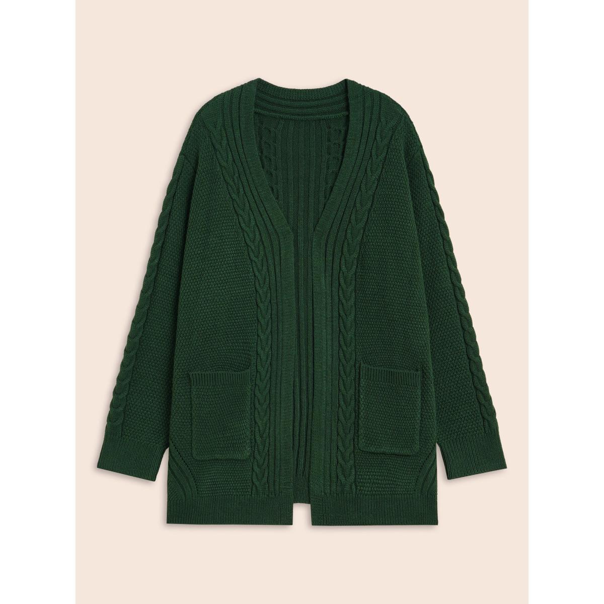 Plus Size Texture Cable Knit Patch Pocket Cardigan DarkGreen Women Casual Loose Long Sleeve Everyday Cardigans BloomChic 14-16/1X Product Image