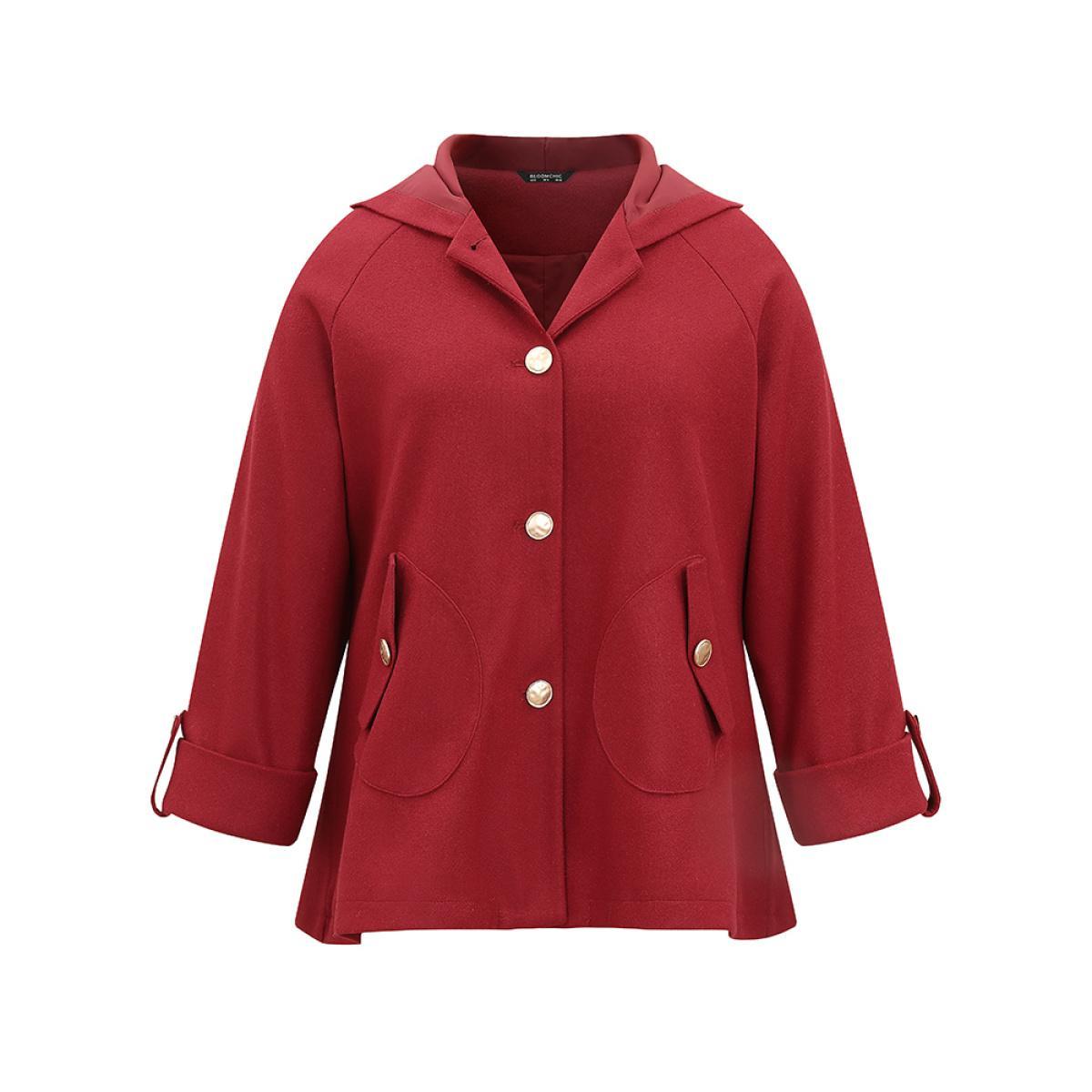 Plus Size Plain Pocket Tab Sleeve Button Detail Woven Coat Women Scarlet Casual Lined Ladies Dailywear Winter Coats BloomChic 12/L Product Image