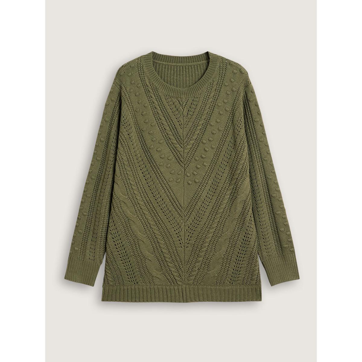 Plus Size Solid Round Neck Cable Knit Pullover ArmyGreen Women Casual Long Sleeve Round Neck Everyday Pullovers BloomChic 18-20/2X Product Image