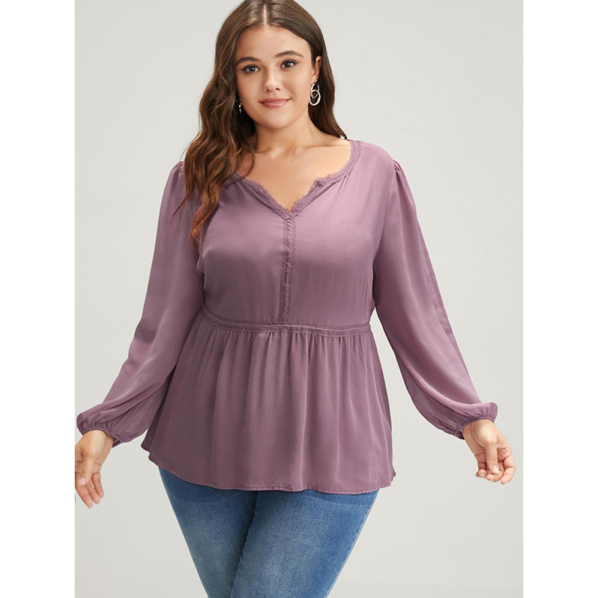 Plus Size DustyPink Solid Crochet Lace Lantern Sleeve Flutter Blouse Women Elegant Long Sleeve Notched collar Dailywear Blouses BloomChic 14-16/1X Product Image