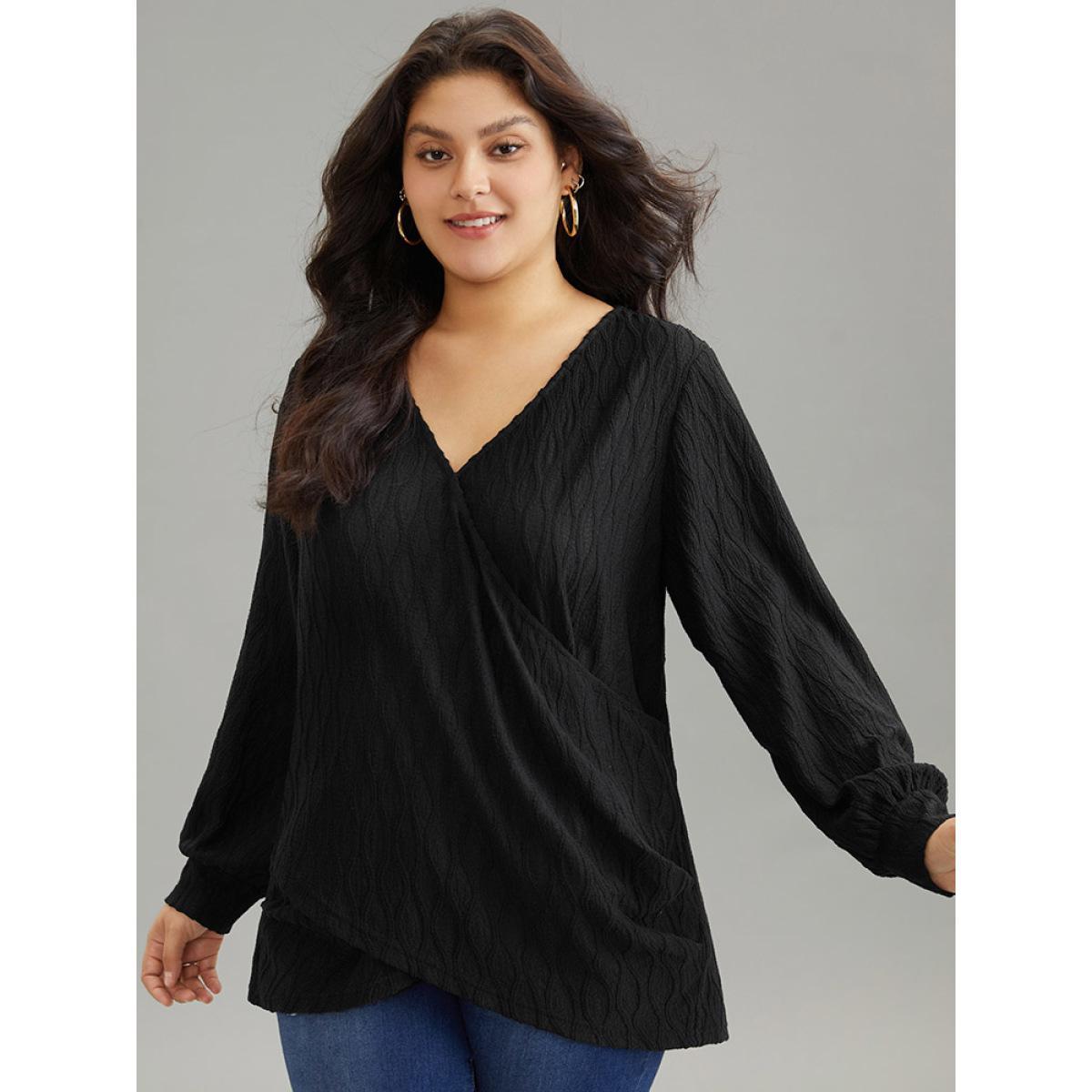 Plus Size Black Solid Jacquard Overlap Collar Crossover Blouse Women Casual Long Sleeve Overlap Collar Dailywear Blouses BloomChic 26/4X Product Image