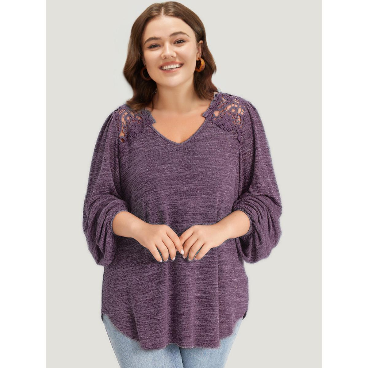 Plus Size Lace Insert Curved Hem Lantern Sleeve Sweatshirt Women Purple Elegant Elastic cuffs V-neck Dailywear Sweatshirts BloomChic 18-20/2X Product Image
