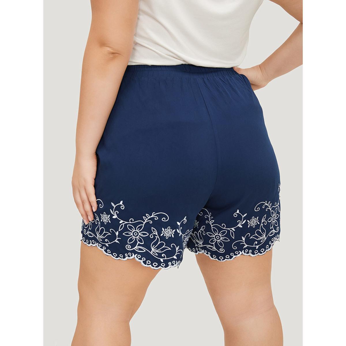 Plus Size Floral Embroidered Pocket Knotted Lettuce Trim Shorts Women Indigo Vacation Knotted Dailywear Shorts BloomChic 12/L Product Image