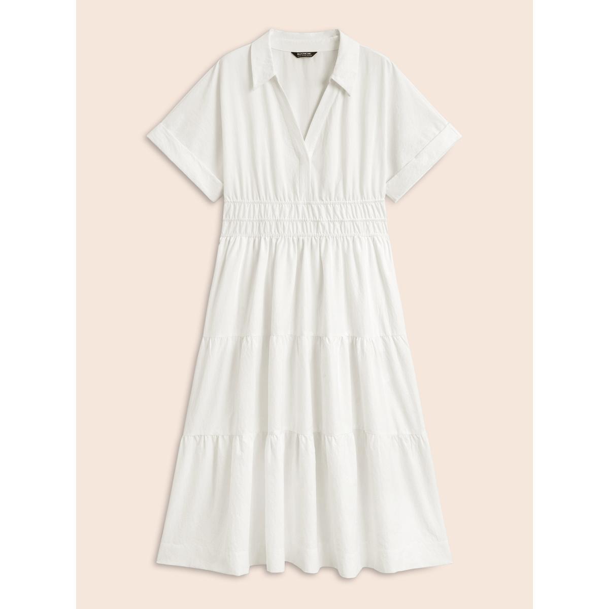 Plus Size Midfield Tiered Midi Shirt Dress Originalwhite Women At the Office Gathered Shirt collar Short sleeve Curvy BloomChic 10/M Product Image