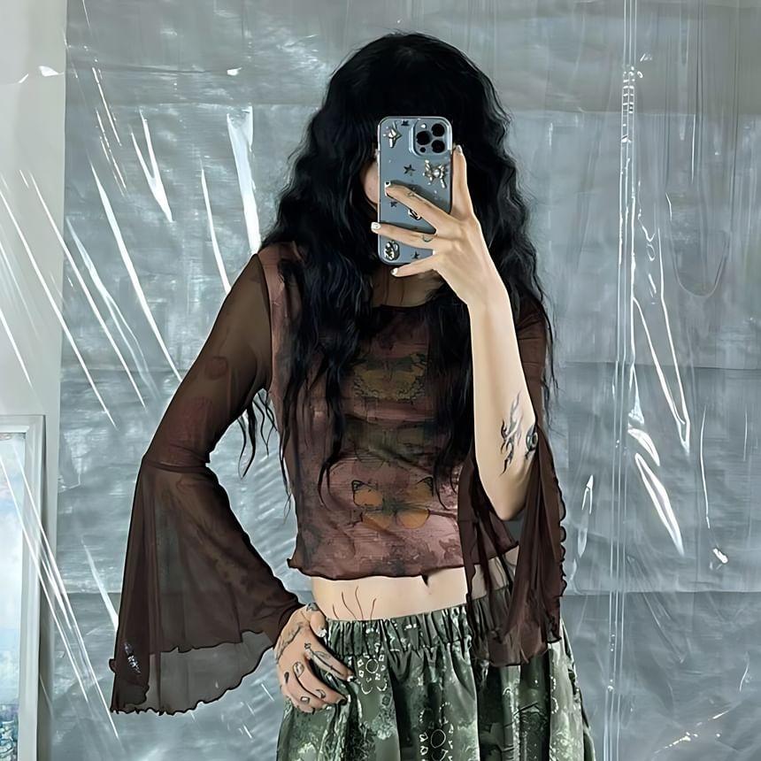 Bell Sleeve Butterfly Print Mesh Panel Slim-Fit Crop Top Product Image