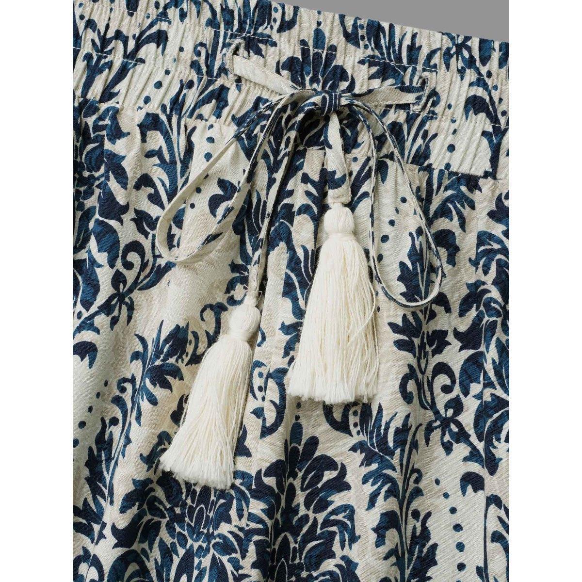 Plus Size Damask Print Tassel Straight-Leg Pants Women DarkBlue Resort Wide Leg Mid Rise Vacation Pants BloomChic 18-20/2X Product Image