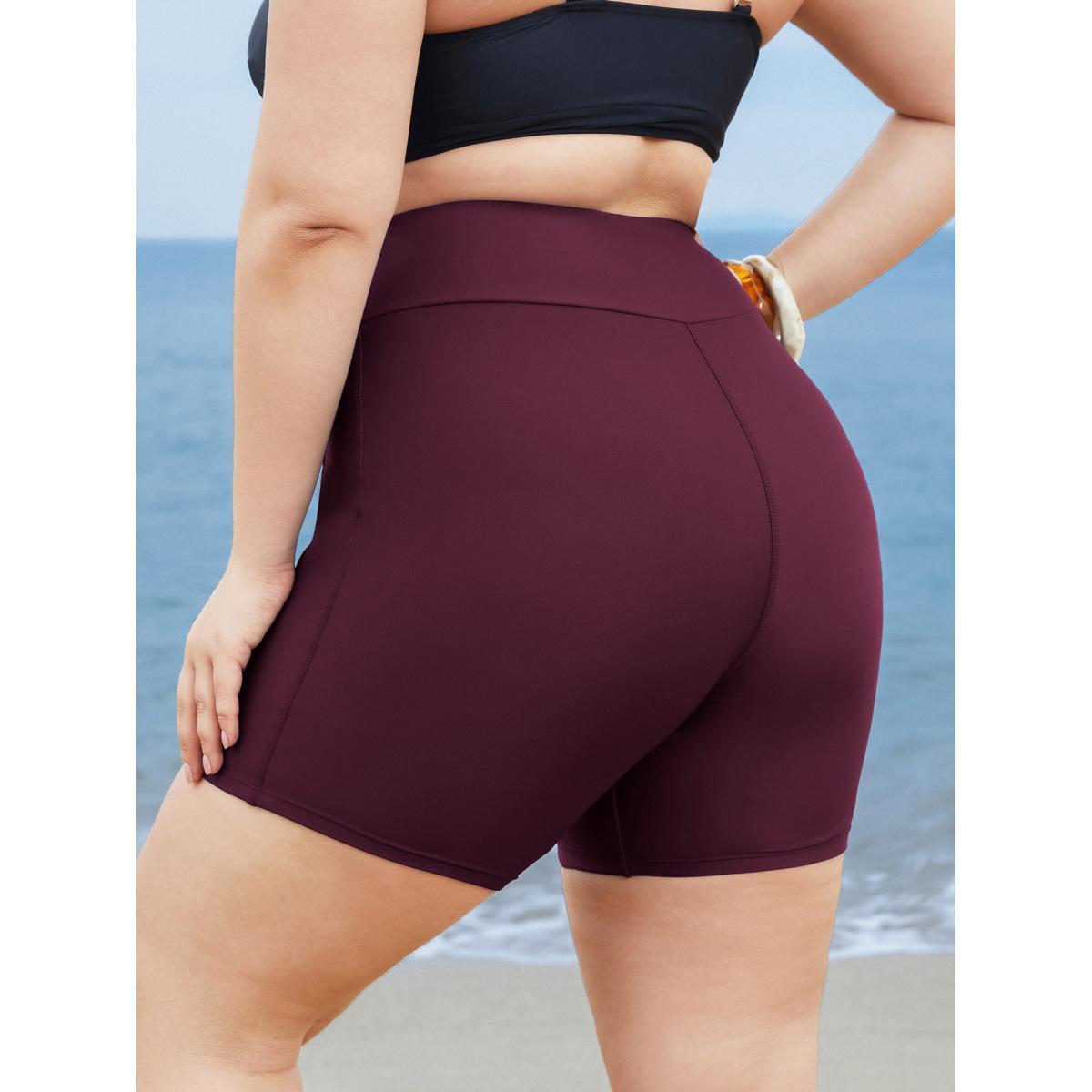 Plus Size Solid Wideband Waist Swim Shorts Women's Swimwear Plum Beach Non High stretch Skinny High Rise Curve Swim Bottoms BloomChic 26/4X Product Image