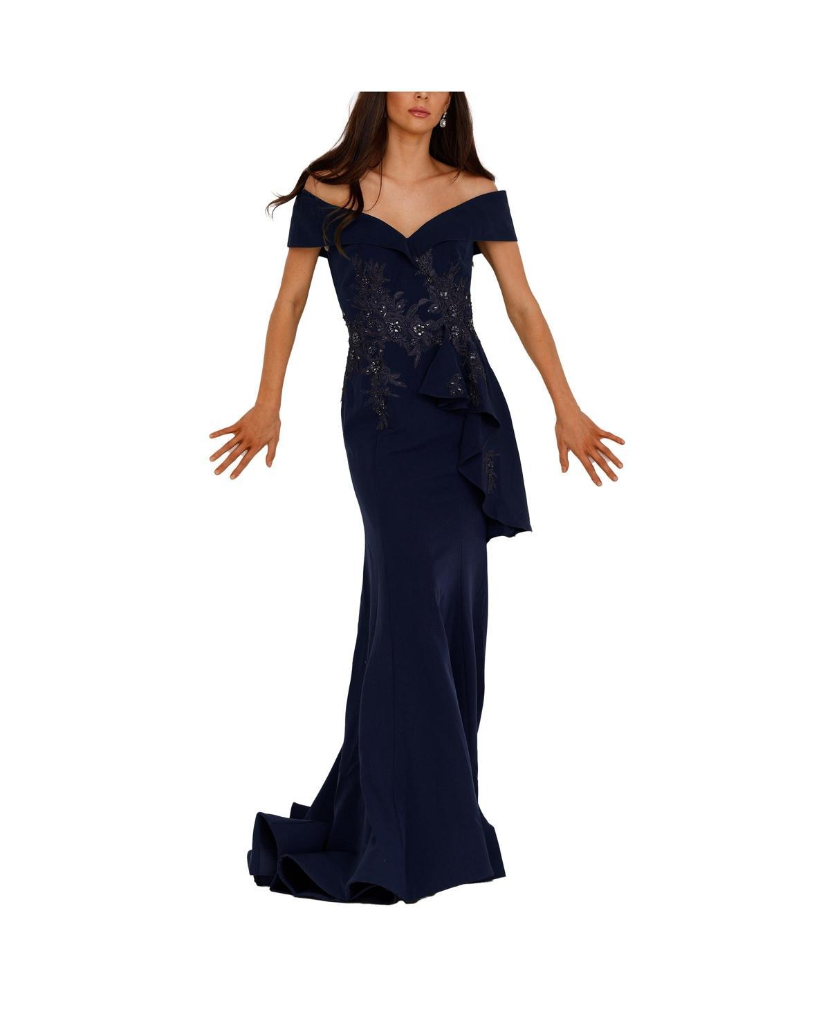 Terani Couture Off-the-Shoulder Short Sleeve Peplum Beaded Applique Mermaid Gown Product Image
