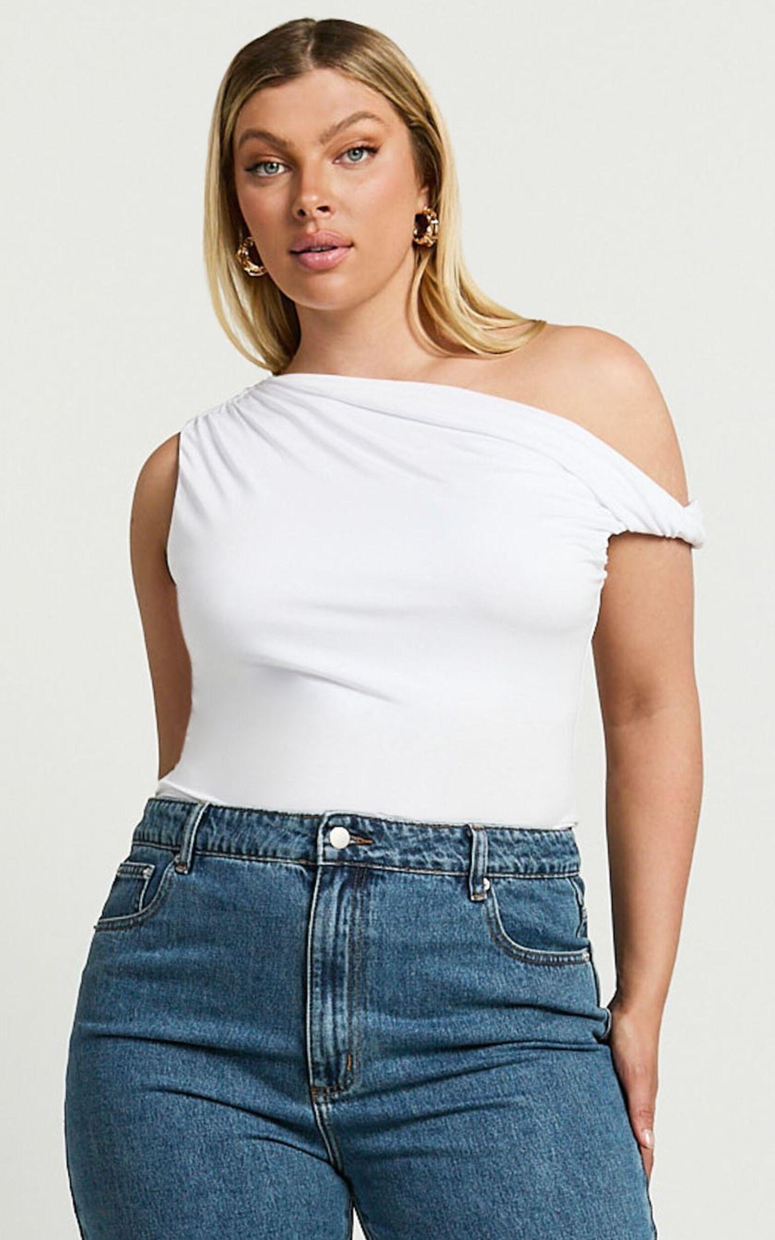 Jialeen Top - Off Shoulder Twist Asymmetrical Sleeve Top in White Product Image