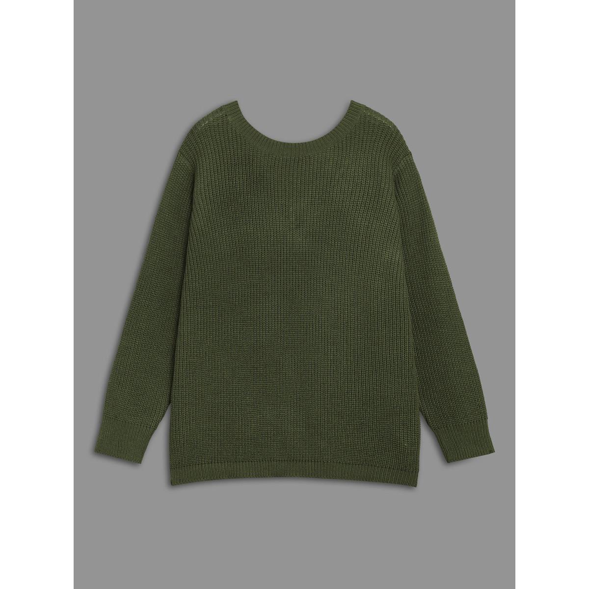 Plus Size Plain Hollow Out Cable Knit Pullover Moss Women Casual Loose Long Sleeve Round Neck Everyday Pullovers BloomChic 22-24/3X Product Image