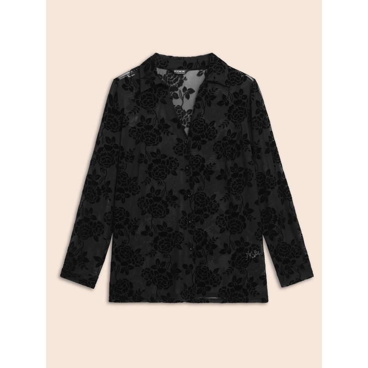 Plus Size Black Shirt Collar Floral Flocking Mesh Blouse Women Elegant Long Sleeve Shirt collar Everyday Blouses BloomChic 30/6X Product Image