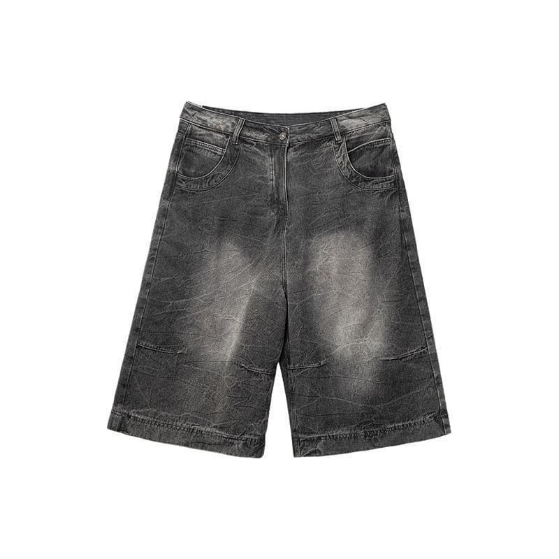 Mid Rise Washed Denim Wide Leg Jorts Product Image