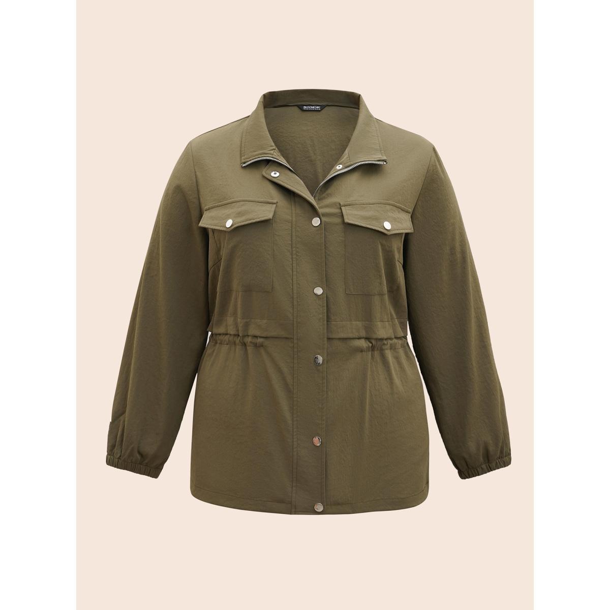 Plus Size Solid Flap Pocket Drawstring Jacket Women ArmyGreen Drawstring Side seam pocket Everyday Jackets BloomChic 14-16/1X Product Image