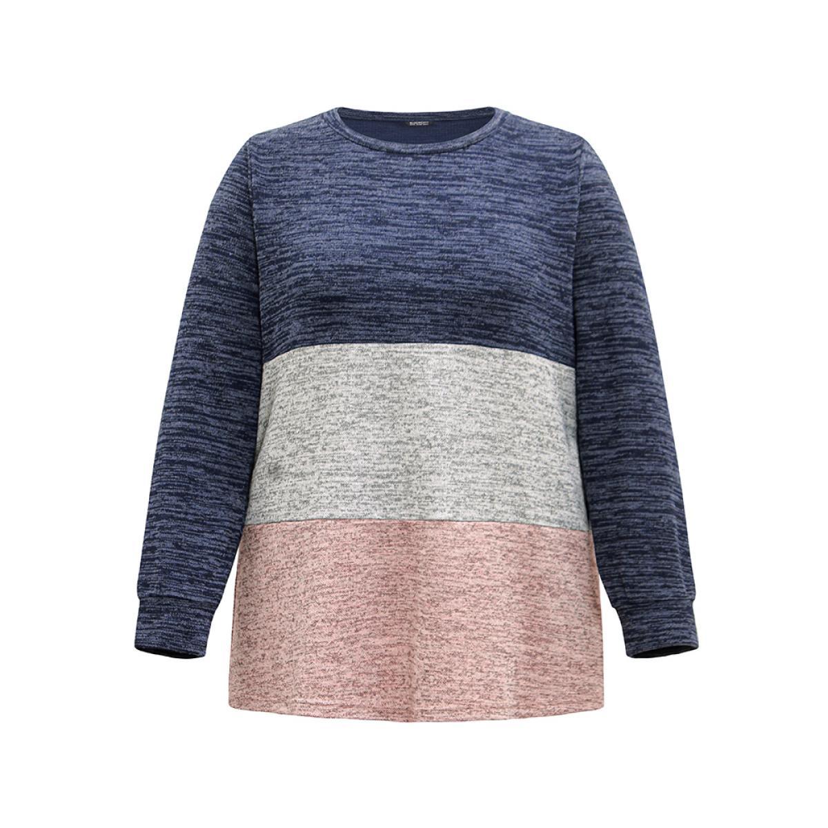 Plus Size Colorblock Contrast Heather Crew Neck Sweatshirt Women Indigo Casual Contrast Round Neck Dailywear Sweatshirts BloomChic 10/M Product Image