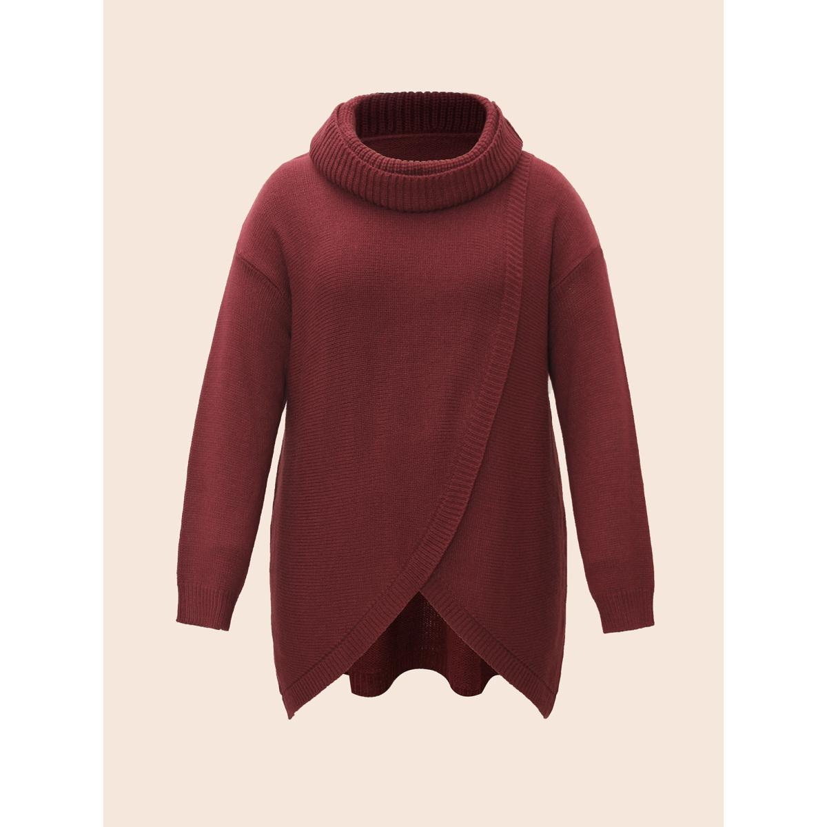 Plus Size Texture Turtleneck Slit Front Pullover Deepred Women Casual Long Sleeve Turtleneck Everyday Pullovers BloomChic 18-20/2X Product Image