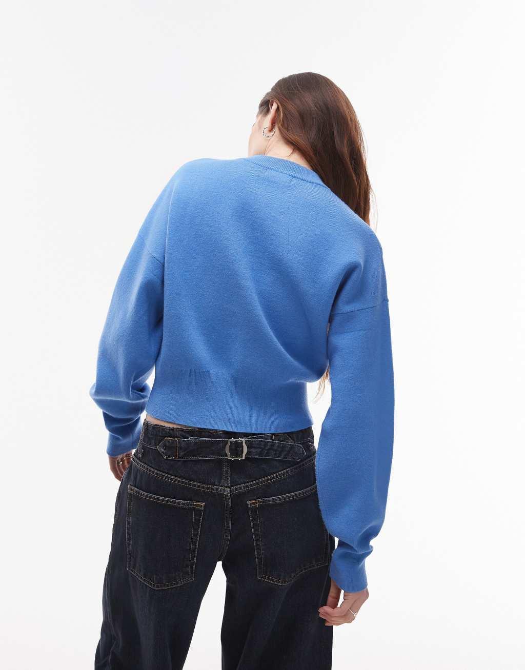 Topshop knitted compact fitted waist cardi in blue Product Image