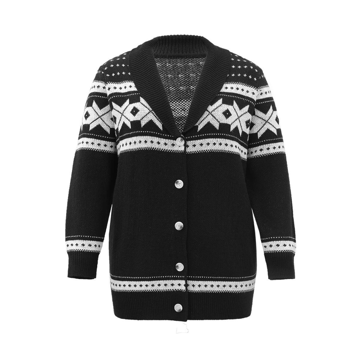 Plus Size Geometric Contrast Button Through Cardigan Black Women Casual Loose Long Sleeve Dailywear Cardigans BloomChic 22-24/3X Product Image