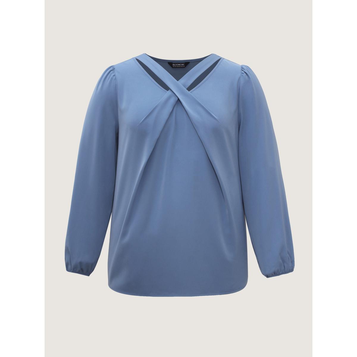 Plus Size Stone Criss Cross Neckline Puff Sleeve Gathered Blouse Women Elegant Long Sleeve Asymmetrical Neck Everyday Blouses BloomChic 30/6X Product Image