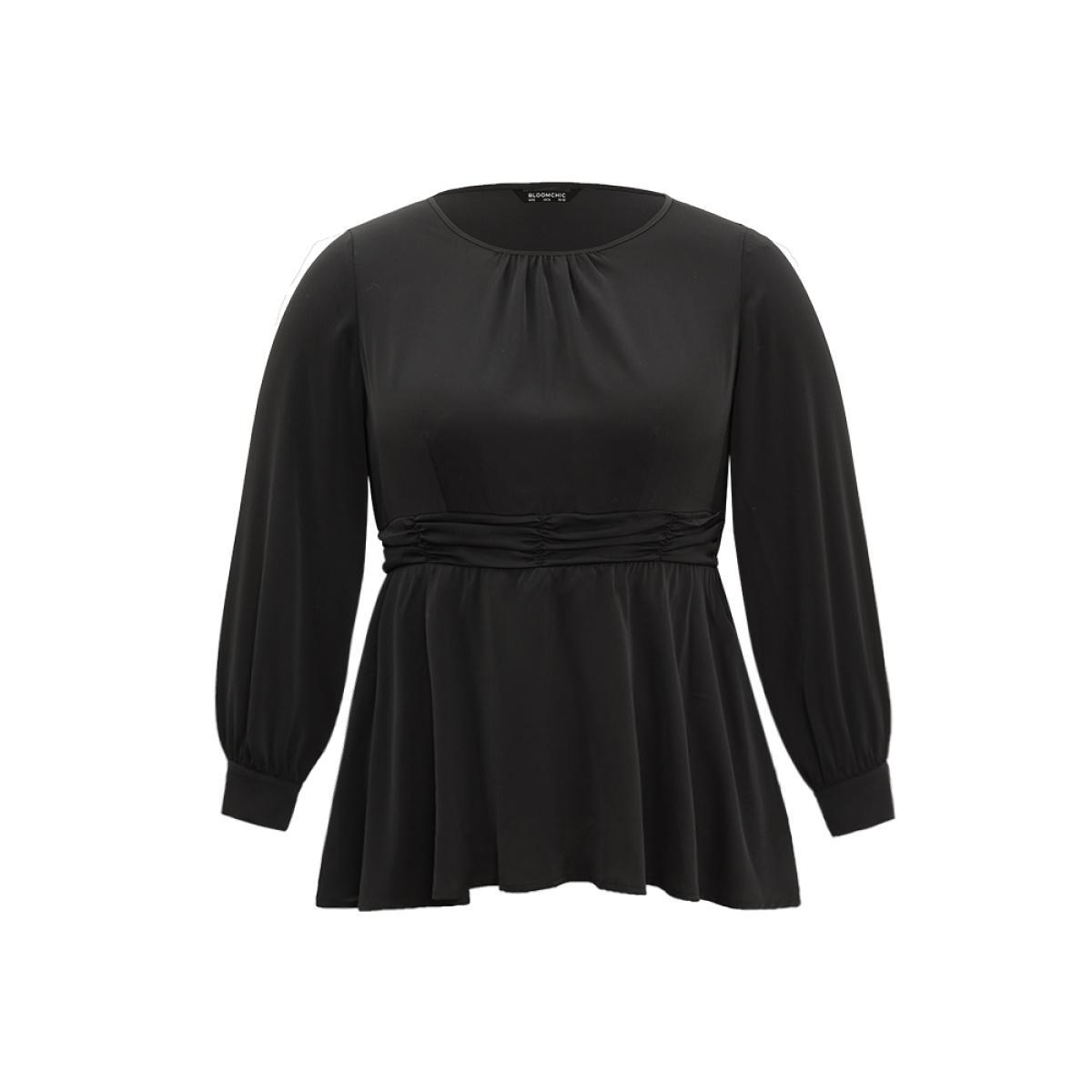 Plus Size Black Anti-Wrinkle Plain Ruched Elastic Waist Blouse Women Office Long Sleeve Round Neck Work Blouses BloomChic 22-24/3X Product Image