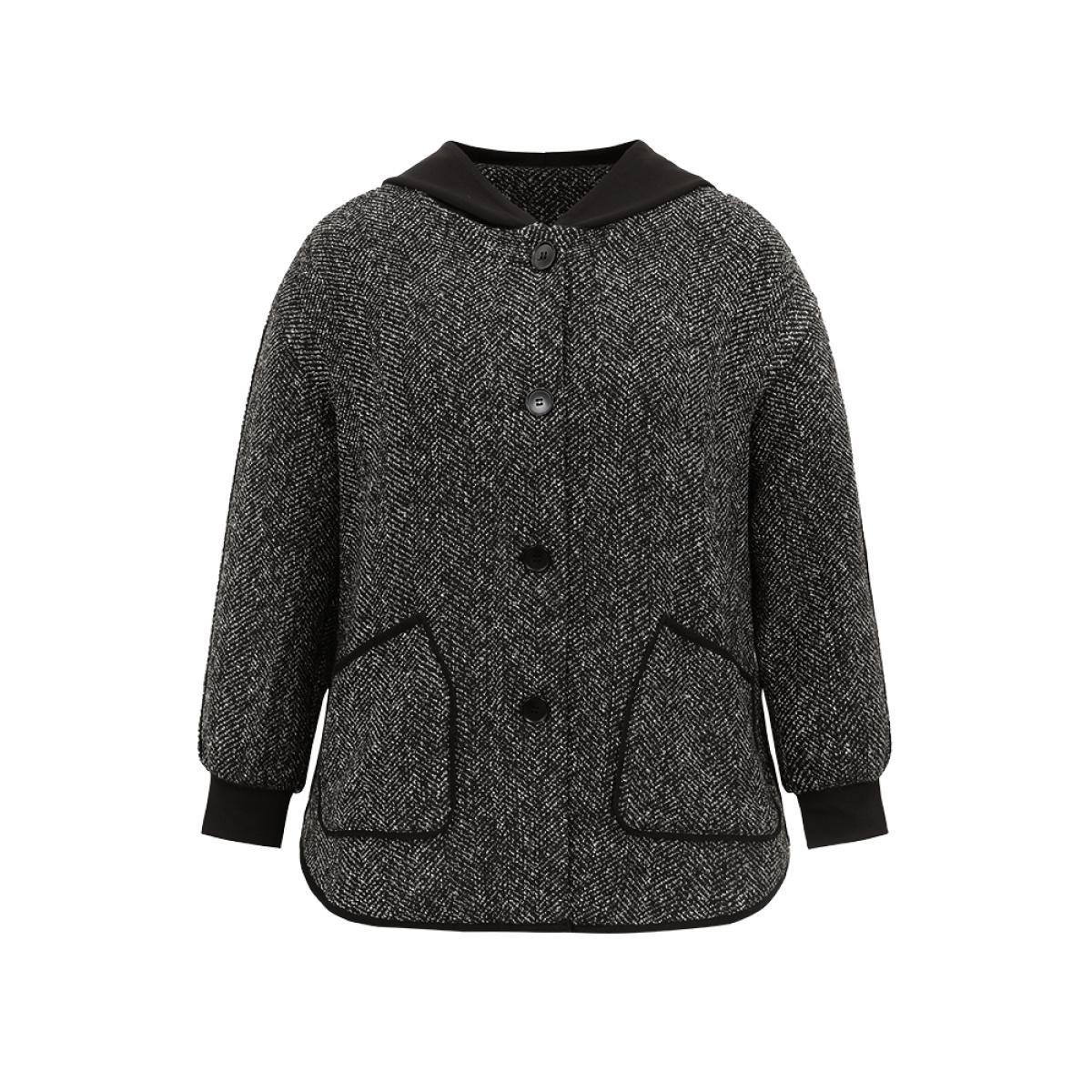 Plus Size Tweed Pocket Button Through Hooded Coat Women Black Casual Patchwork Ladies Dailywear Winter Coats BloomChic 28/5X Product Image