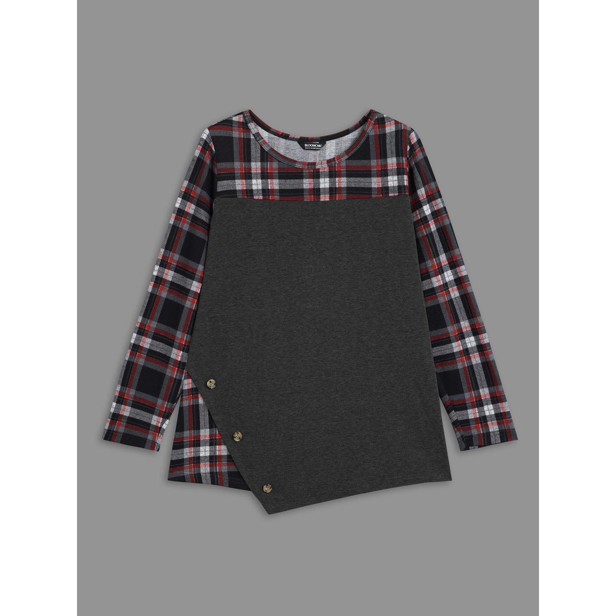 Plus Size Gingham Patchwork Button Detail T-Shirt DimGray Women Casual Contrast Round Neck Everyday T-shirts BloomChic 22-24/3X Product Image