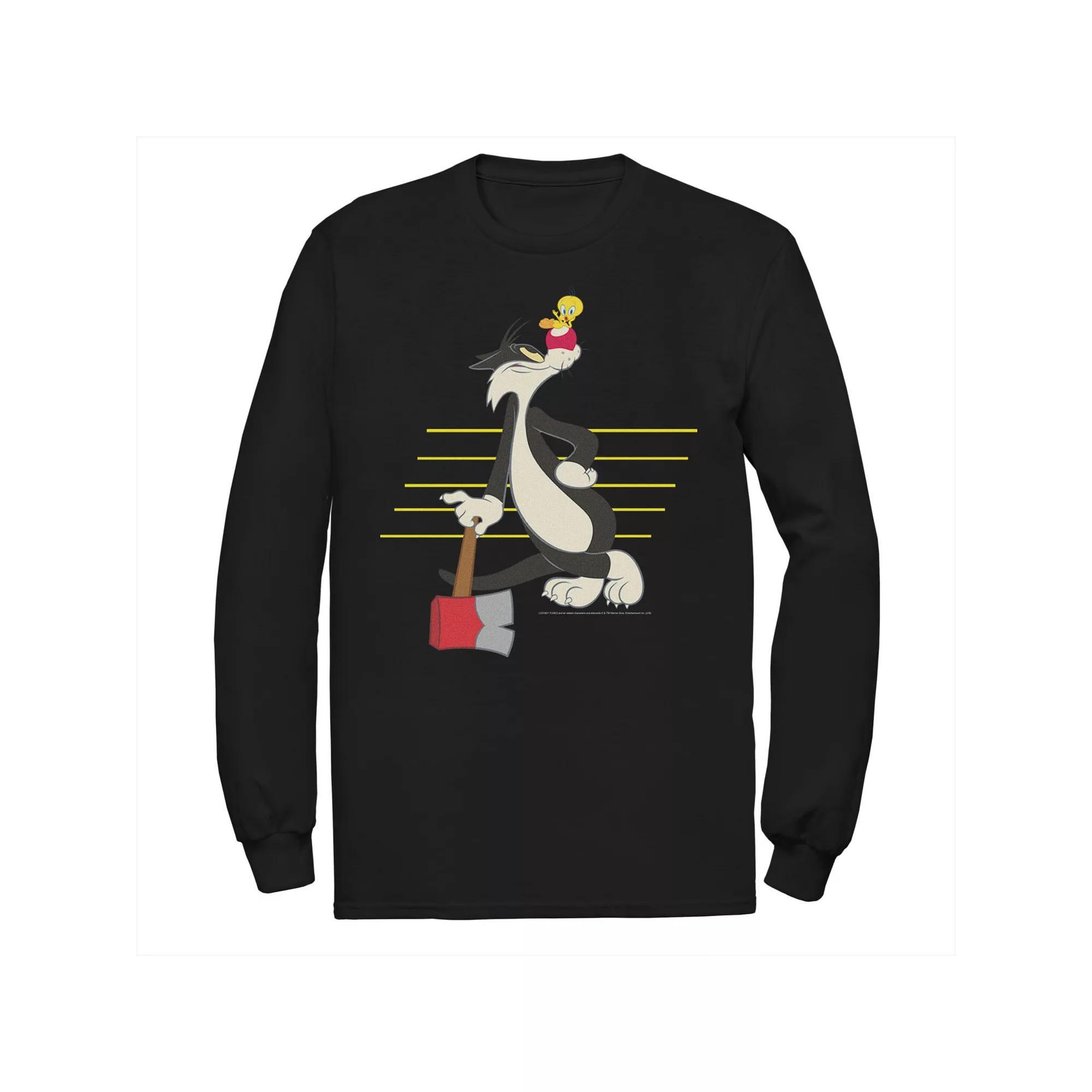 Men's Looney Tunes Sylvester & Tweety Lined Portrait Long Sleeve Tee, Size: Small, Black Product Image