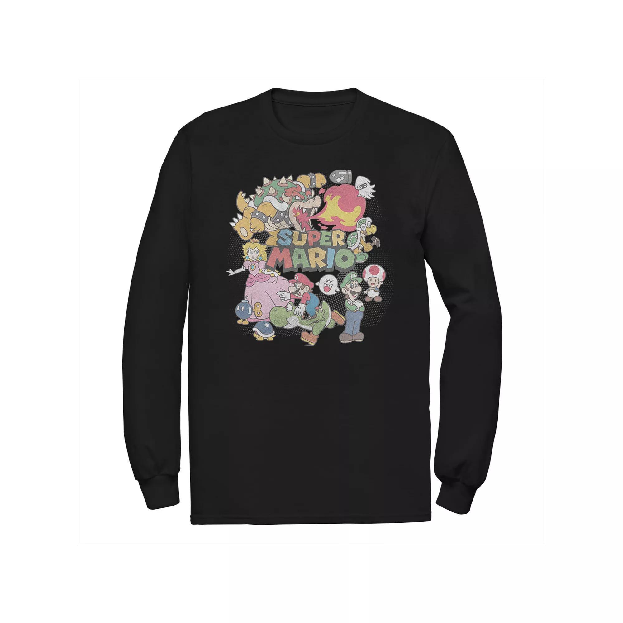 Men's Super Mario Characters Collage Long Sleeve Tee, Size: 5XL, Black Product Image