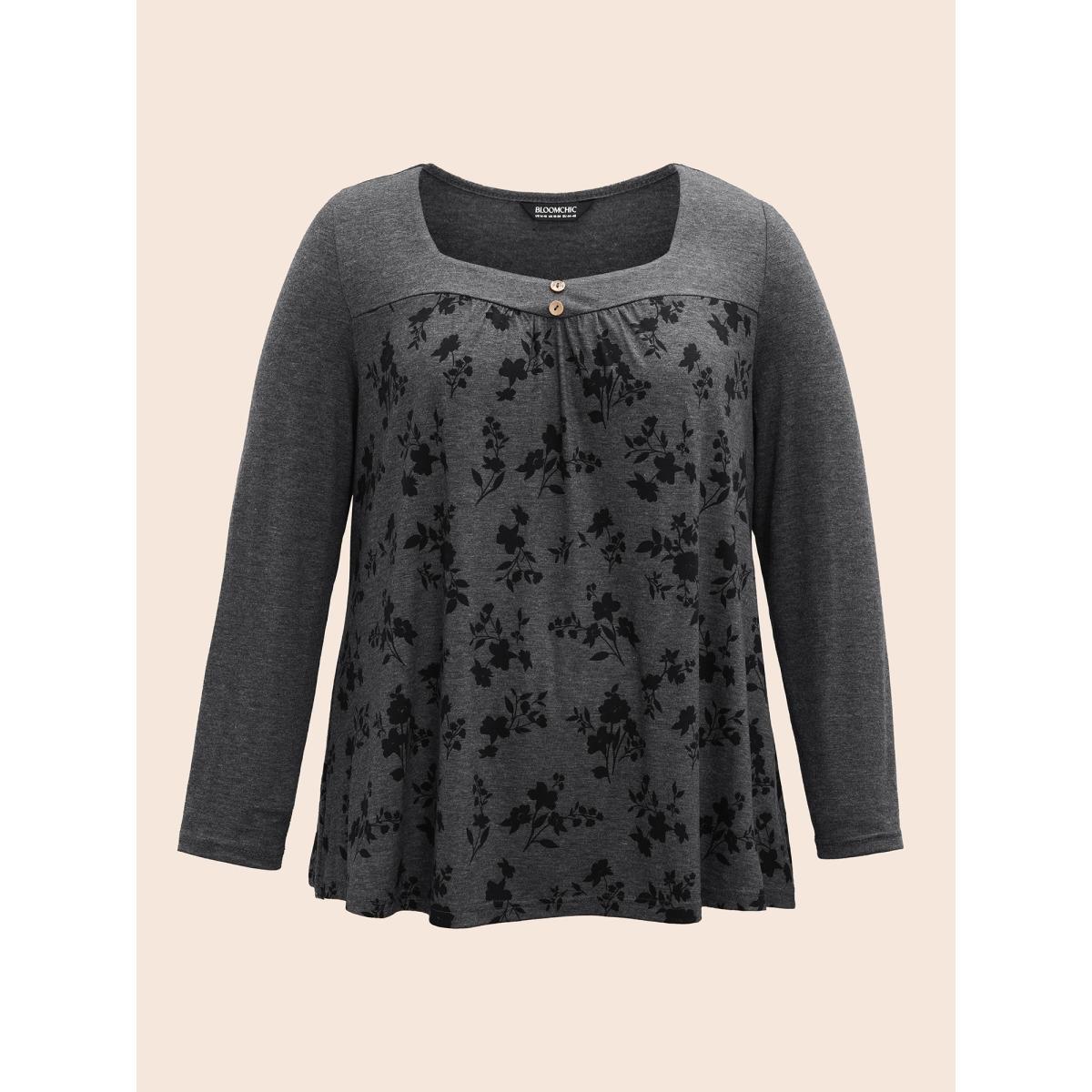 Plus Size Floral Spliced Heart Neckline Gathered T-Shirt DimGray Women Casual Gathered Heart neckline Everyday T-shirts BloomChic 14-16/1X Product Image