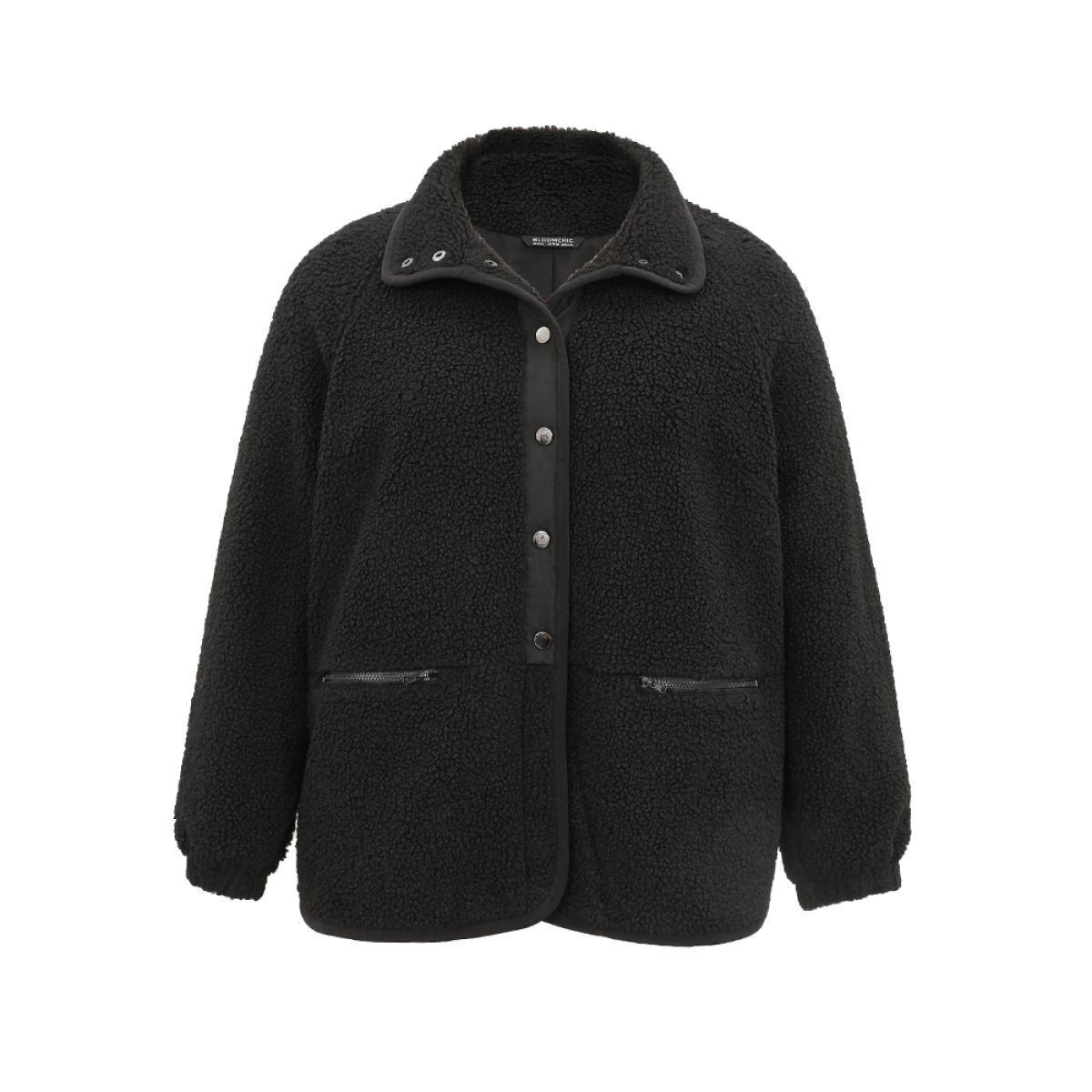 Plus Size Solid Button Through Teddy Coat Women Black Casual Lined Ladies Dailywear Winter Coats BloomChic 18-20/2X Product Image