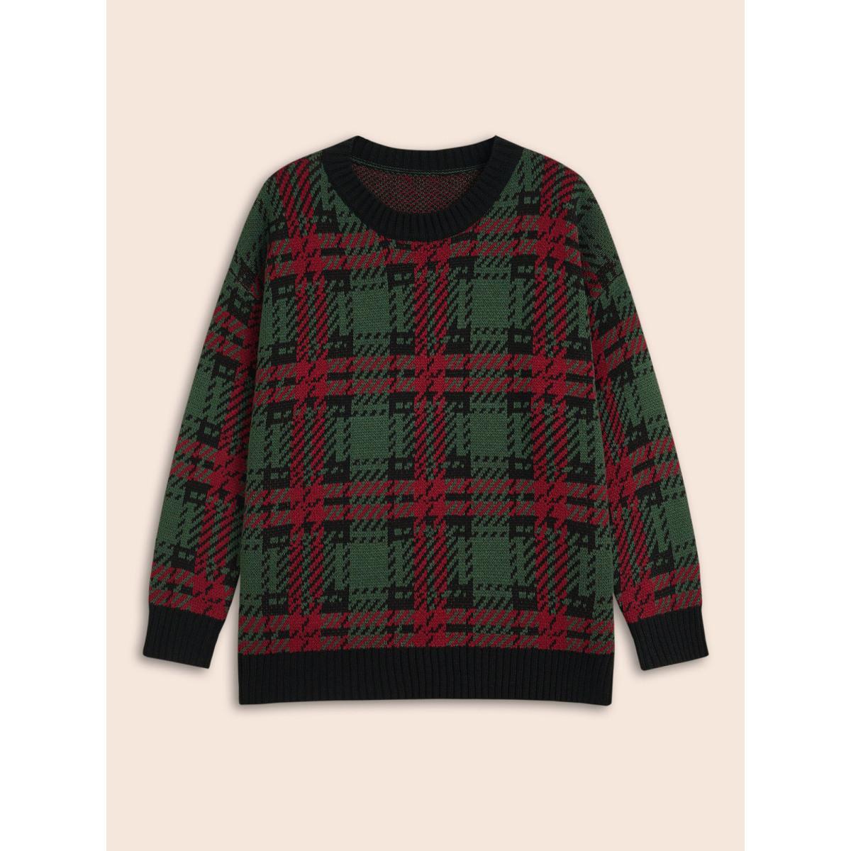 Plus Size Jacquard Plaid Contrast Hemline Pullover DarkGreen Women Casual Loose Long Sleeve Round Neck Everyday Pullovers BloomChic 22-24/3X Product Image