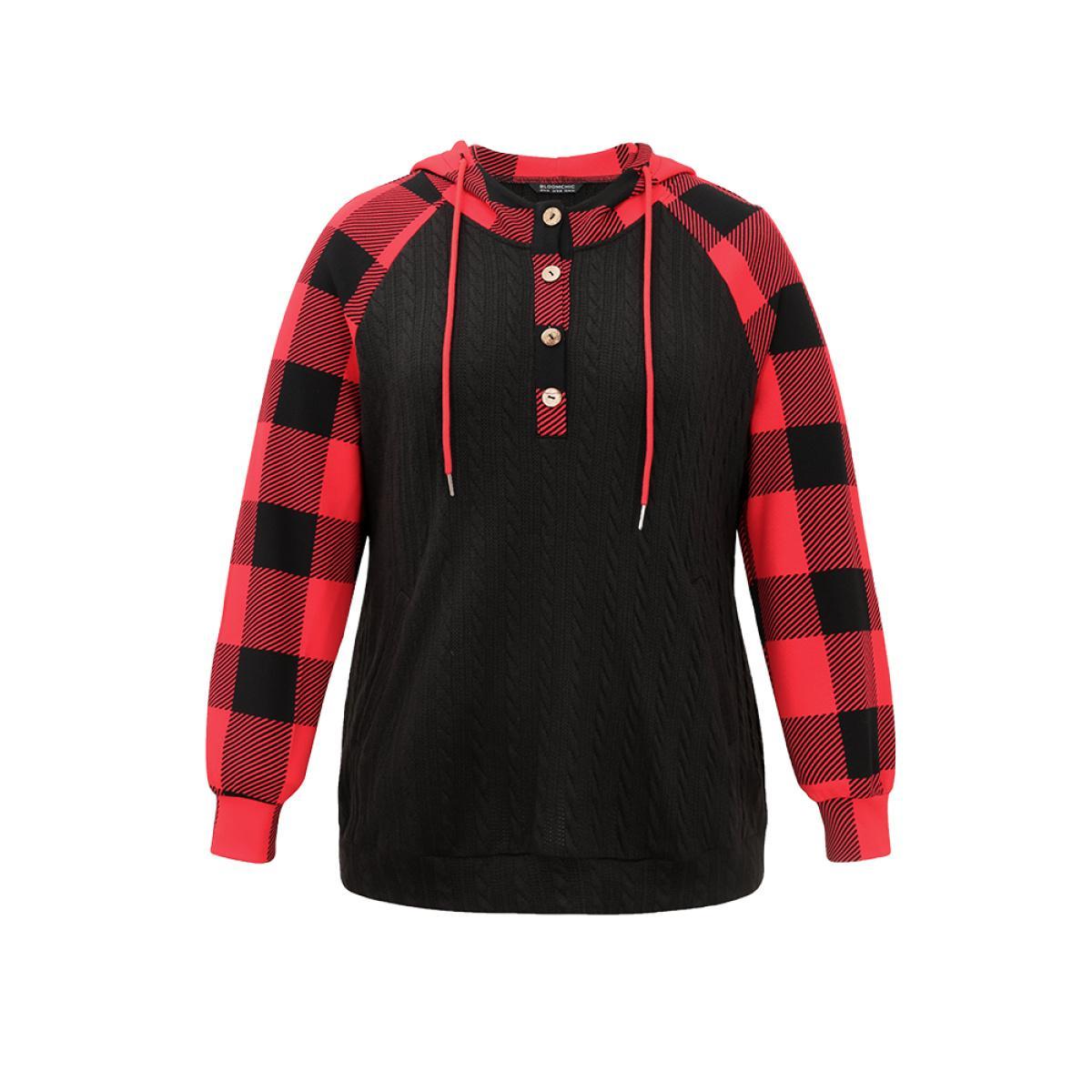Plus Size Plaid Texture Contrast Hooded Raglan Sleeve Sweatshirt Women Black Casual Texture Hooded Festival-Christmas Sweatshirts BloomChic 14-16/1X Product Image