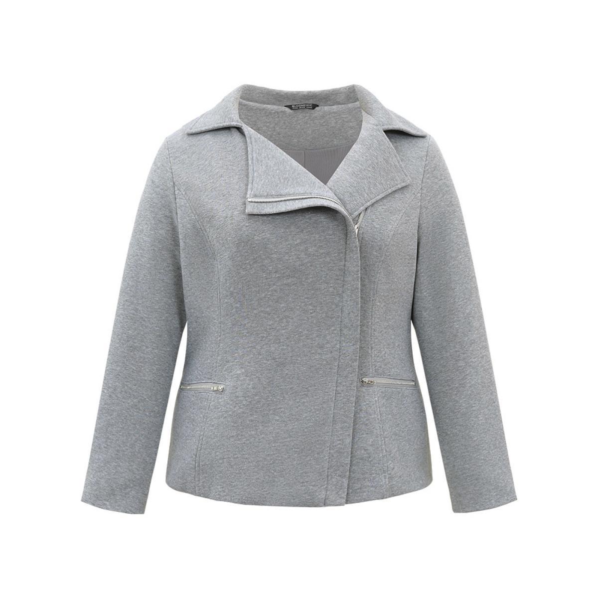 Plus Size Solid Zipper Asymmetrical Pocket Lapel Collar Coat Women Gray Casual Lined Ladies Dailywear Winter Coats BloomChic 30/6X Product Image