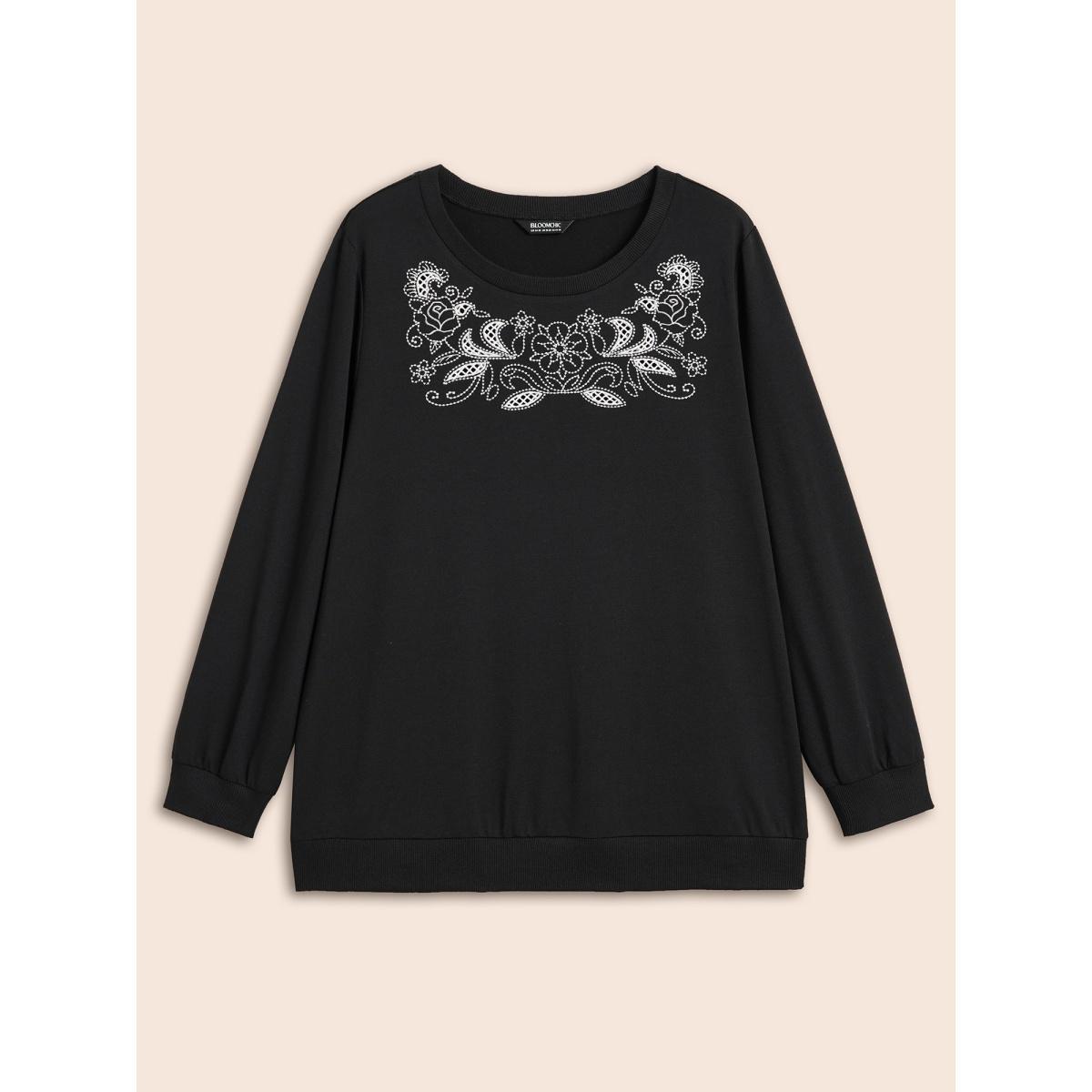 Plus Size Broderie Anglaise Round Neck Sweatshirt Women Black Elegant Broderie anglaise Round Neck Everyday Sweatshirts BloomChic 10/M Product Image