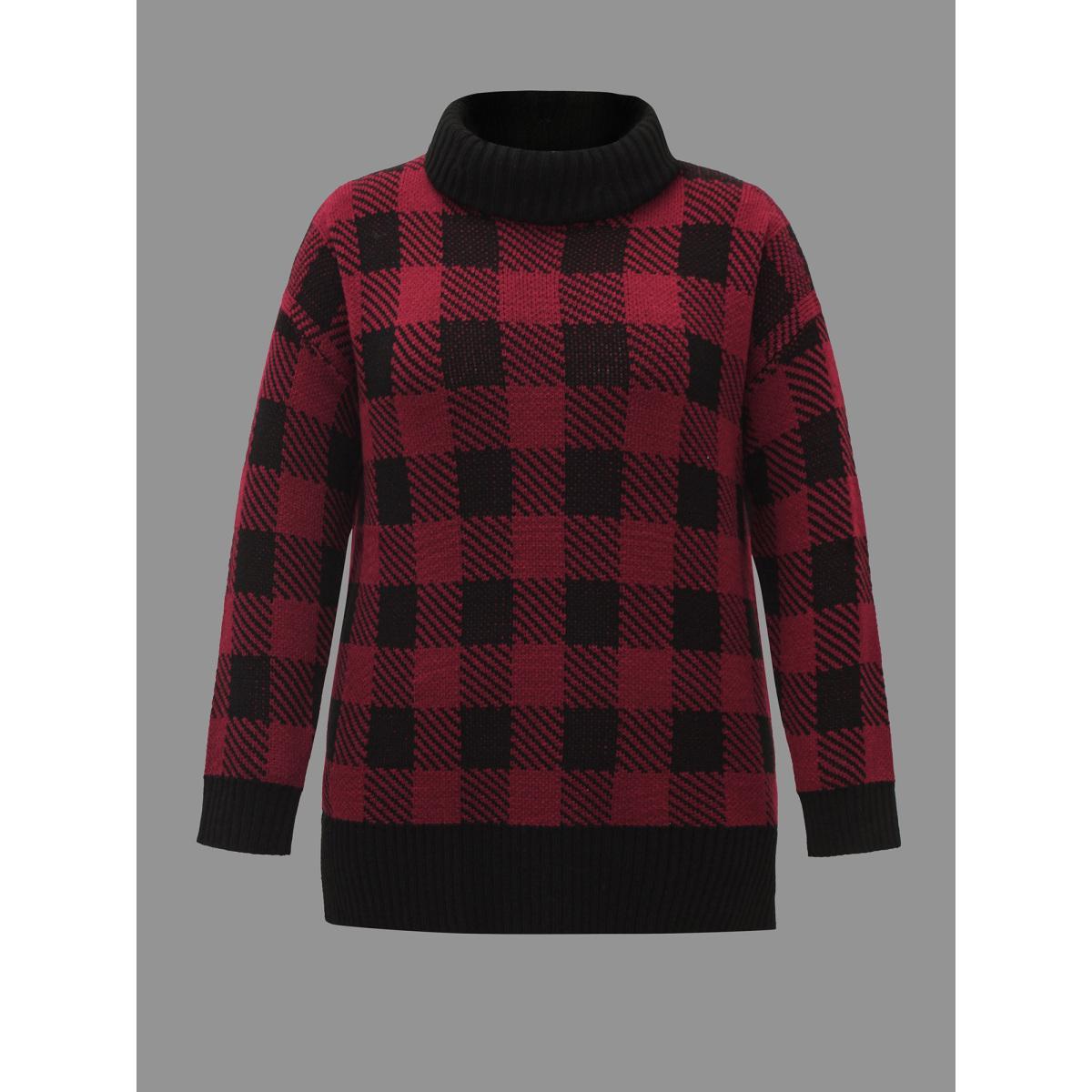Plus Size Turtleneck Plaid Pattern Straight Fit Pullover Scarlet Women Casual Loose Long Sleeve Turtleneck Everyday Pullovers BloomChic 12/L Product Image