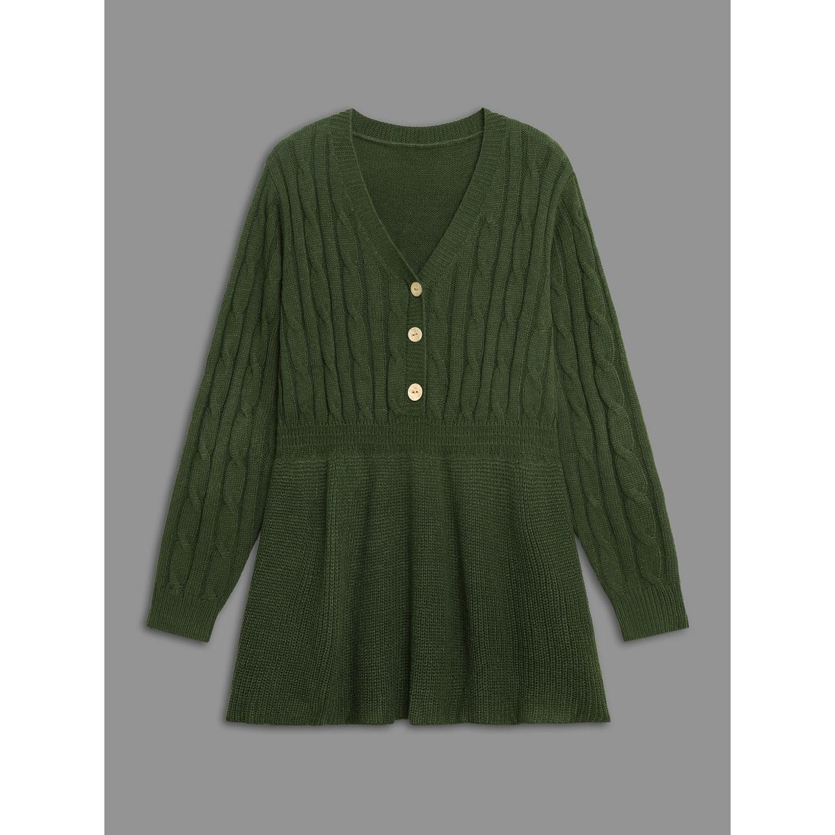 Plus Size Texture Cable Knit Button Detail Pullover ArmyGreen Women Casual Long Sleeve V-neck Everyday Pullovers BloomChic 30/6X Product Image