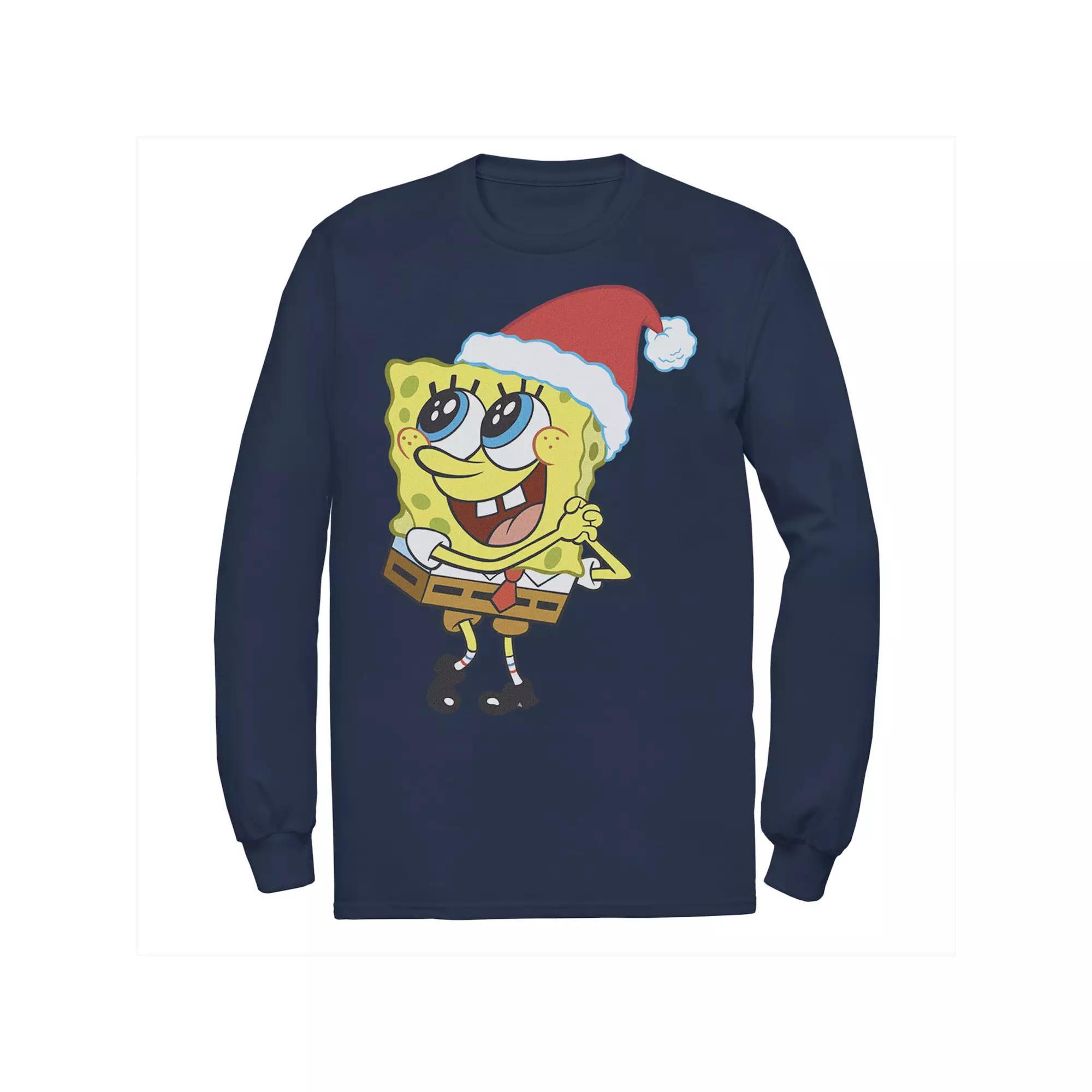 Men's Nickelodeon SpongeBob SquarePants Santa Hat Long Sleeve Tee, Size: XXL, Blue Product Image